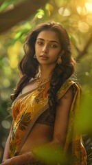 Wall Mural - A south indian model posing for a vogue magazine ad inside a parc, stylish, she is wearing a beautiful saree, cinematography, beautiful bokeh ,generative ai