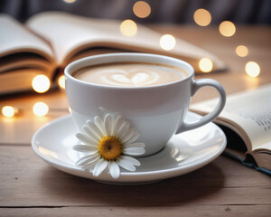 coffee in a white mug with flower and book, on wooden table, bokeh backround