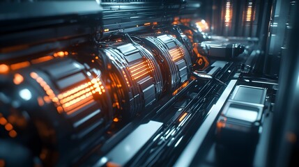 Poster - Futuristic energy storage facility featuring a complex network of advanced batteries and capacitors,sleek metallic structures,glowing energy conduits.