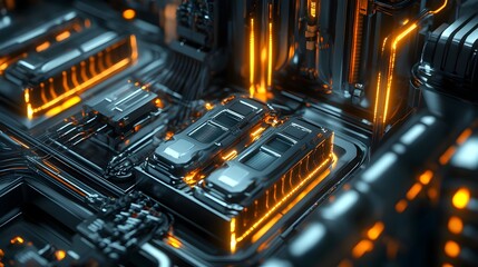 Poster - Futuristic Energy Storage Facility with a Complex Network of Advanced Batteries and Capacitors,Sleek Metallic Structures,Glowing Energy Conduits,and Dynamic Power Distribution.