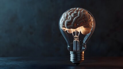 Poster - Glowing 3D brain encased inside a lightbulb,representing the concept of idea innovative thinking. This metaphorical image suggests the illumination of the mind.