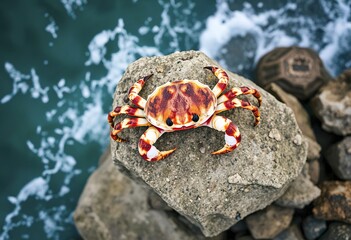 A crab with a brown and white shell standing on a rock near the ocean