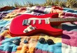 © Sergiu - A red electric guitar lying on a colorful patterned blanket or bedspread, with a black guitar pick and other musical accessories visible