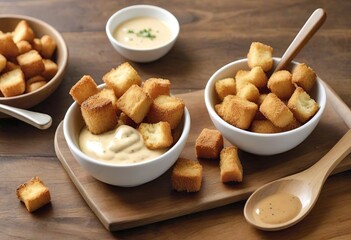 Crispy golden brown croutons in two white bowls on a wooden table