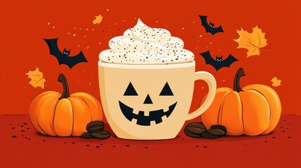 Wall Mural - A Halloween themed coffee mug with a pumpkin and a pumpkin with a face on it