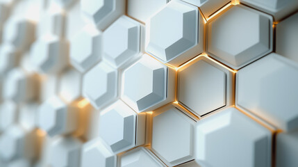 Poster - A white background with a pattern of hexagons. The hexagons are illuminated, creating a sense of depth and texture. Scene is one of modernity and sophistication, with the use of geometric shapes