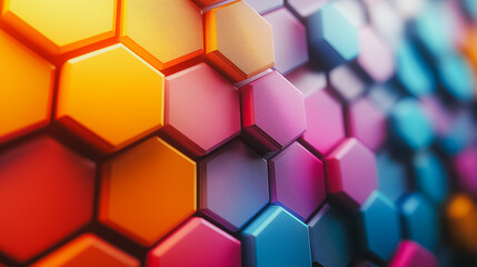Poster - A colorful hexagonal pattern with a blue and pink hue. The pattern is made up of many small hexagons, and the colors are bright and vibrant. Concept of energy and excitement, as the colors are bold
