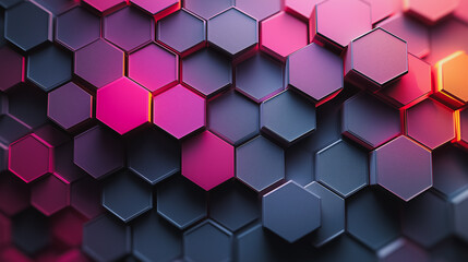Poster - A colorful pattern of hexagons with a pink and orange hue. The pattern is made up of different shades of blue and purple