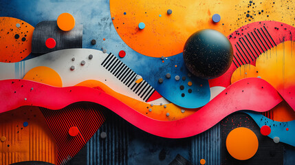 Poster - A colorful abstract painting with a black and orange ball in the middle. The painting is full of circles and squares, and the colors are bright and bold