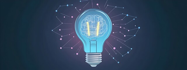 Poster - Glowing lightbulb icon floating in a network of lines and dots,symbolizing innovative idea,creative thinking,and technological progress. Conceptual image for education,problem-solving.