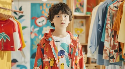 Young boy models colorful clothing in a retail store. He is standing in front of a rack of clothes, and he is wearing a red jacket with a colorful pattern and a white t-shirt with a graphic design.