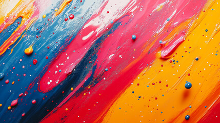 Poster - A colorful painting with a rainbow background and a splash of blue. The painting is full of bright colors and has a lot of dots