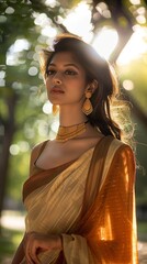 Wall Mural - A south indian model posing for a vogue magazine ad inside a parc, stylish, she is A south indian model posing for a vogue magawearing a beautiful saree, cinematography, beautiful bokeh ,generative ai