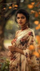 Wall Mural - A south indian model posing for a vogue magazine ad inside a parc, stylish, she is wearing a beautiful saree, cinematography, beautiful bokeh ,generative ai