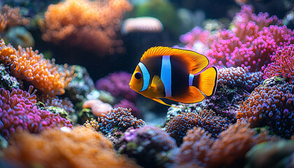 Canvas Print - Clown fish swimming in vibrant coral reef below generated by AI