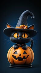 Wall Mural - A cute black cat wearing a witch hat sits atop a carved pumpkin, perfect for Halloween-themed decorations.