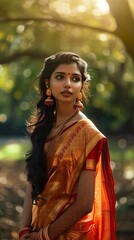 Wall Mural - A south indian model posing for a vogue magazine ad inside a parc, stylish, she is wearing a beautiful saree, cinematography, beautiful bokeh ,generative ai