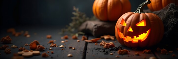 Canvas Print - Glowing jack-o'-lantern on a table with autumn snacks and scattered crumbs