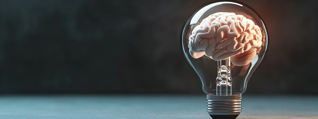 Poster - Illuminating the Mind:Innovative Brain Concept Represented by a Glowing Light Bulb,Symbolizing Creativity,Intelligence,and Eureka Moments of Discovery and Invention