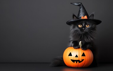 A playful black cat in a witch hat poses with a carved pumpkin for Halloween, perfect for seasonal decor and pet-themed designs.