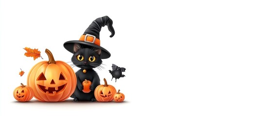 Wall Mural - A playful black cat in a witch hat stands beside carved pumpkins, perfect for Halloween-themed designs and decorations.