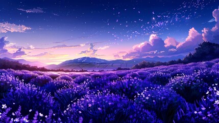 purple flower field under a starry sky with pink clouds