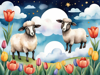 Cute sheep and tulips floating in the magical cloud sky