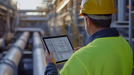 A project manager reviews a detailed construction schedule on a tablet, with a large pipeline construction site visible in the background, emphasizing resource allocation and effective planning