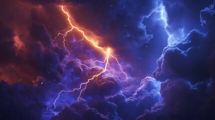 electric energy of a lightning bolt in a stormy night sky with dark clouds and bright flashes