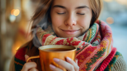 A young woman smiles contentedly while holding a steaming cup of tea, dressed in a colorful scarf, surrounded by a warm café ambiance during winter, autumn mood