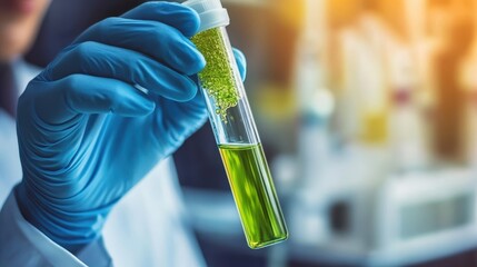 scientist holding test tube with green liquid, laboratory setting, gloved hands, close-up, biochemis