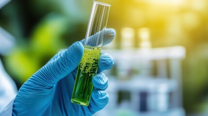 scientist holding test tube with green liquid, laboratory setting, gloved hands, close-up, biochemis