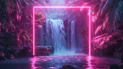 Wall Mural - A modern illustration of a neon-lit frame around a tropical landscape, with exotic plants and a tranquil waterfall, giving a sense of relaxation and escape.