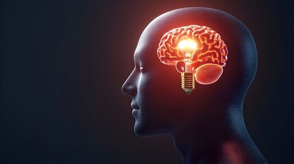 Poster - Innovative 3D digital of a human head with a glowing lightbulb brain,representing the power of creativity,innovation,and marketing insights to find solutions and drive progress.