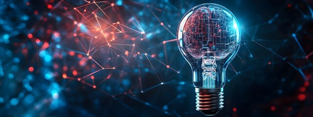 Poster - Innovative 3D of a lightbulb with a digital brain,symbolizing technological advancements,intelligent solutions,and the future of business and industry.