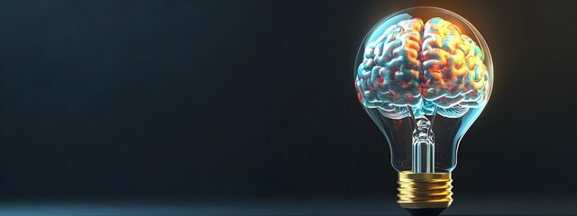 Poster - Innovative 3D rendering depicting a brain encased within a glowing lightbulb,symbolizing the power of ideas,creativity,and technology to drive business growth and success.