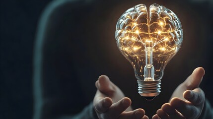 Poster - Innovative 3D visual representation of a lightbulb-shaped brain with hands reaching out,symbolizing the visionary and creative thinking required for successful business strategy and problem-solving.