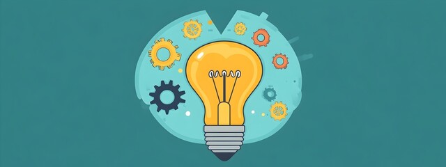 Poster - Innovative Lightbulb Surrounded by Gears and Cogwheels Symbolizing Creative Problem-Solving and Technological Advancement. Representing the process of innovation,invention.
