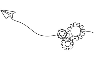 Gears with paper airplane one continuous editable line. Concept of learning, business, teamwork and traveling. Vector illustration, pro vector illustration.