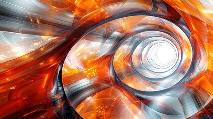 Poster - Abstract spiral design featuring vibrant orange and silver hues with a bright center, creating a dynamic sense of motion