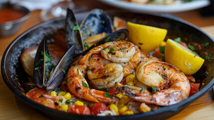 A delicious seafood plate showcases grilled shrimp and mussels, accompanied by corn and tomatoes, garnished with fresh lemon wedges for added flavor