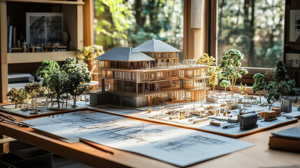 Poster - architects' workspace with detailed building models and blueprints in creative construction process