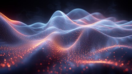 Poster - Abstract digital landscape with glowing waves and sparkling particles in a dark setting
