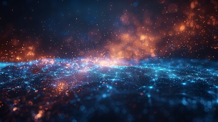Poster - Vibrant abstract digital landscape with glowing particles and network connections at night