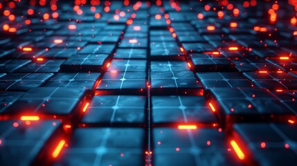 Poster - Abstract close-up of illuminated grid pattern with glowing red and blue elements in a futuristic design
