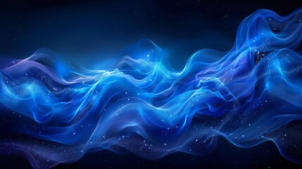 Poster - Abstract blue wave patterns with glowing light elements in a starry environment