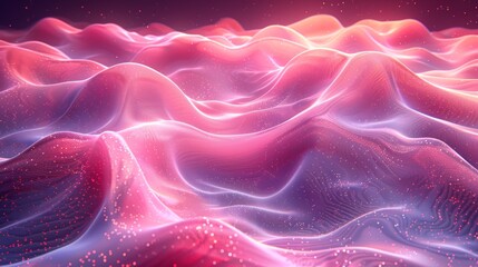 Poster - Abstract waves of pink light undulating in a digital landscape at dusk