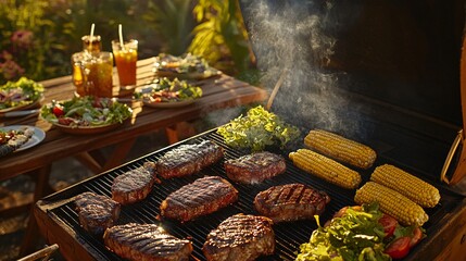 Sticker - Grilled steaks and corn on the cob on a grill outdoors with smoke rising, with salad and drinks on a table in the background.