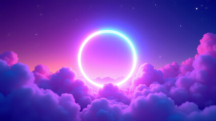 Glowing neon circle in vibrant cloudy sky abstract colorful night sky with neon lights purple and blue gradient background