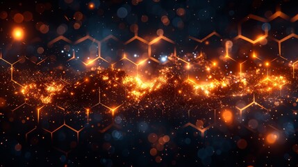 Poster - Abstract orange and blue pattern with glowing elements on a dark background